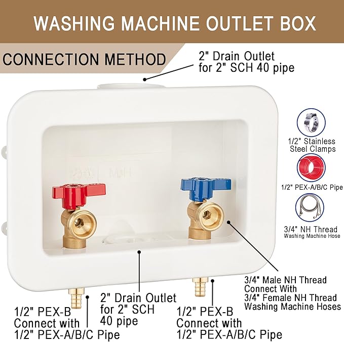 [1 Piece] Lingmfg Washing Machine Outlet Box 1/2 inch PEX-B Crimp with 2 inch Central Drain, Connect 3/4 inch Washing Machine Hoses LING -WMOB-WO-WHA-2