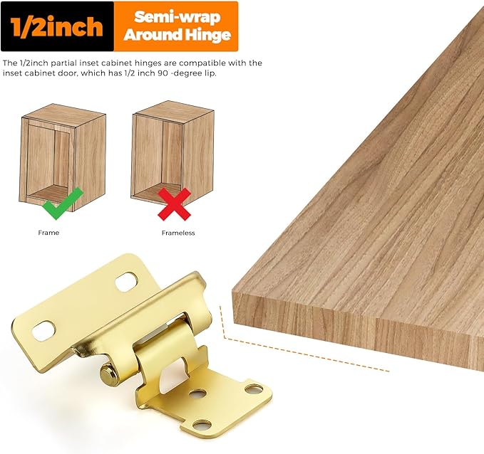 Ravinte 2 Pack 1 Pairs Semi-Overlay 1/2 inch Self-Closing Face Frame Cabinet Hinges Gold Half Wrap-Around Kitchen Door Hinges Face Mount Cabinet Hardware