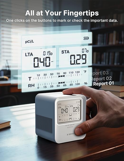 X-Sense Radon Detector, Audible & Visual Alerts, One-Touch Reset, Stores Up to 99 Local Reports, with Temperature & Humidity Range Display, Long-Term Accurate Monitoring Up to 999 Days, Model XR0B-SR