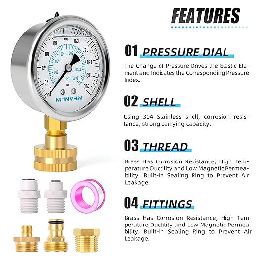 MEANLIN MEASURE 0~200Psi Stainless Steel Frame 3/4" Female Liquid Filled Pressure Gauge kit Plus 5 adapters, 2.5" FACE DIAL Multi-Purpose Pressure Gauge kit, Suitable for Gardens, Water Pipes, etc