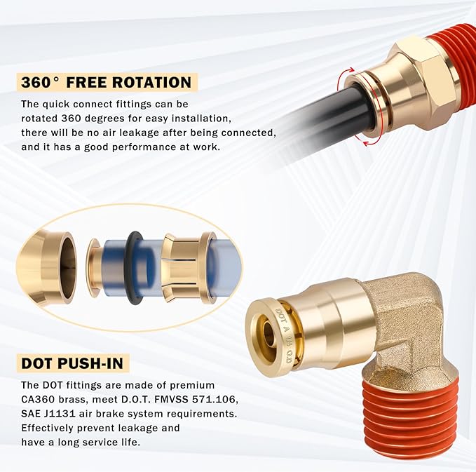 CheeMuii 72 PCS Brass DOT Air Line Fittings with 50FT 1/4" and 50FT 3/8" DOT Air Line Kit Push Lock Air Fitting Quick Connect & NPT Thread Fittings with Pneumatic Tubing