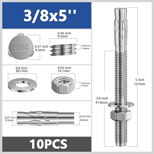 10Pcs 3/8x5 Inch Standard Fasteners for Heavy-Duty 304 Stainless Steel Wedge Anchors for Cement and Concrete