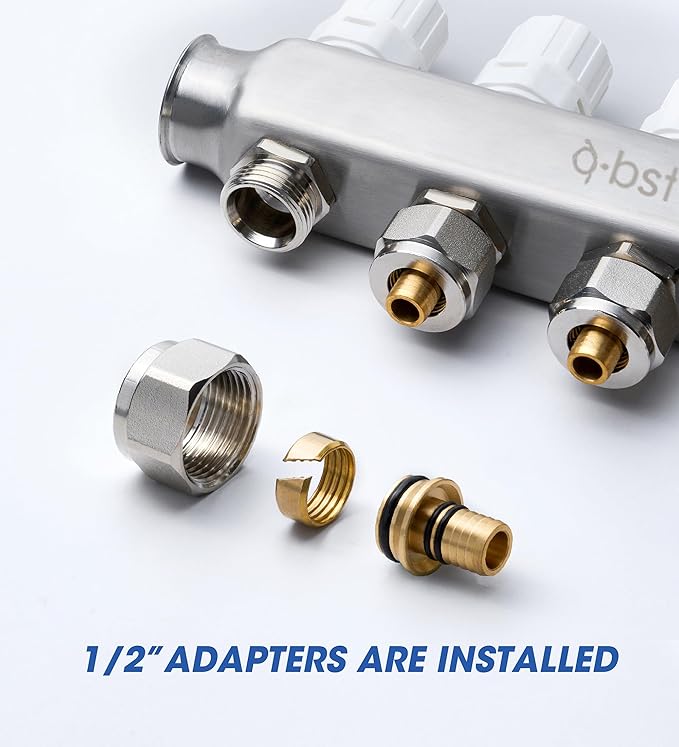 ABST PEX Manifold,6 Loop Stainless Steel Floor Radiant Heat Manifold Kit with 1/2" Adapters Included for Hydronic Radiant Floor Heating
