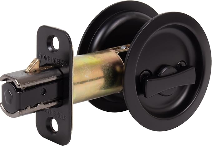 Round Pocket Door Lock, Privacy (Bed/Bath) Latch, 2-3/8" Backset, RCL, Matte Black by Stone Harbor Hardware