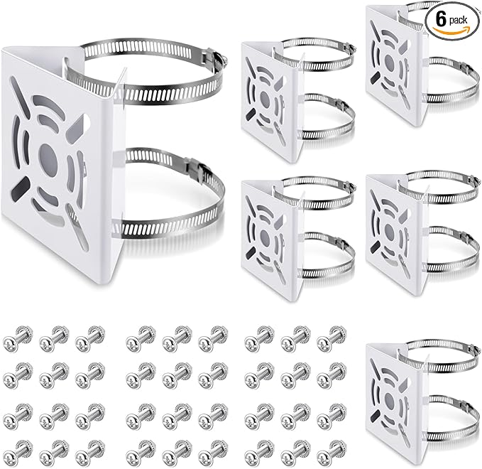 6 Pcs Universal Vertical Pole Mount for Security Camera Wall Mounting Bracket with 6 Loops Solid Metal Pole Bracket for CCTV Camera Indoor Outdoor Solar Panel LED Wall/ Stage Light (White)