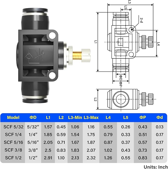 TAILONZ PNEUMATIC SCF-1/4 Air Flow Control Valve with Push-to-Connect Fitting, in-Line Speed Controller Union Straight - 1/4 Inch Tube OD x 1/4 Inch Tube OD（Pack of 5）