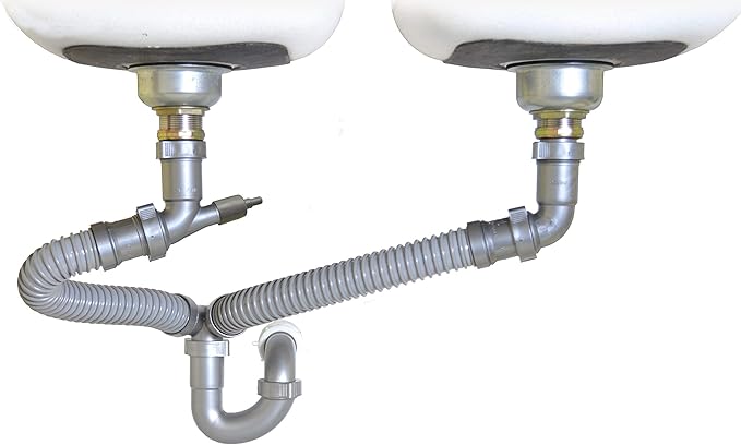 Snappy Trap Double Bowl Kitchen Sink Drain Kit, 1-1/2" with Flexible P-Trap, Universally Compatible Complete Drain Kit, Easy No-Tool Installation (DK-110 Silver)