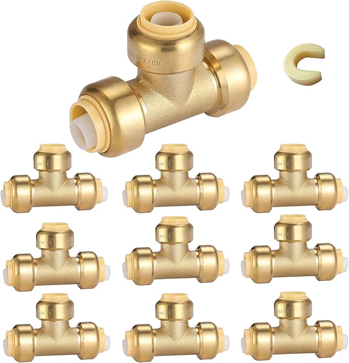 HeSun 10-Pack Pushfit Tee, 3/4"x3/4"x3/4" Push to Connect Plumbing Fittings with Disconnect Clip, Brass Push-fit Fittings for PEX, Copper, CPVC, PE-RT Pipes
