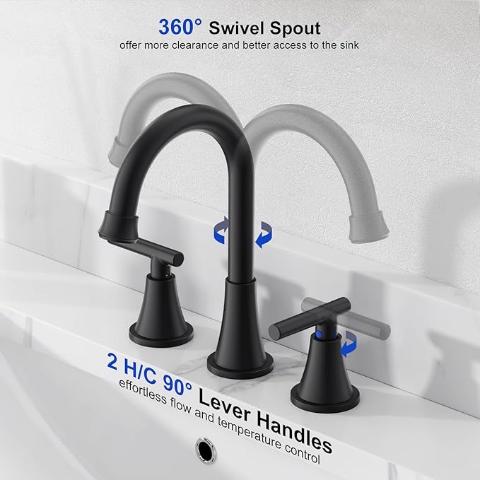 Bathroom Faucets for Sink 3 Hole, Hurran Matte Black Bathroom Sink Faucet with Pop-up Drain and Supply Lines, Stainless Steel Lead-Free Widespread Faucet for Vanity RV Farmhouse Sink