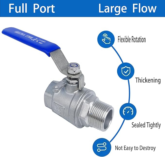 Full Port Ball Valve 3/4" NPT Heavy Duty Stainless Steel 304 Male x Female Thread For Water,Oil and Gas 1000WOG（pack of 2）