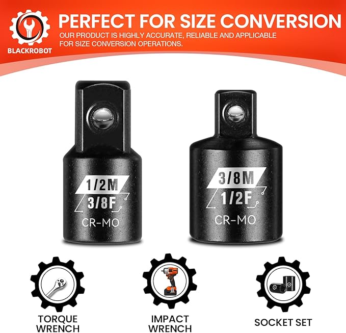 BLACKROBOT 2PCS Impact Socket Adapter and Reducer Set, 3/8" to 1/2" & 1/2" to 3/8" Socket Adapter Set, SAE Drive Cr-Mo Steel Exceeds ANSI Standards, Square Drive Adapter for Impact Driver Wrench