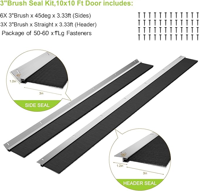 Garage Brush Seal Kit for Roll up Door 10 X 10Ft, Weather Stripping Garage Door Seal Top and Sides -Heavy Duty Nylon Brush with Aluminum Track, Insulation Door Kit for Corrugated,Sectional, Commercial