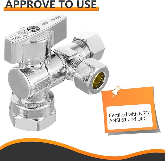 10-PCs HeSun Quarter-Turn Angle Stop Valve, 1/2" FIP x 3/8" OD Comp x 3/8" OD Comp, Dual Compression Outlet Shut Off Valve, PEX Chrome Plated Brass(VALVE209-10)