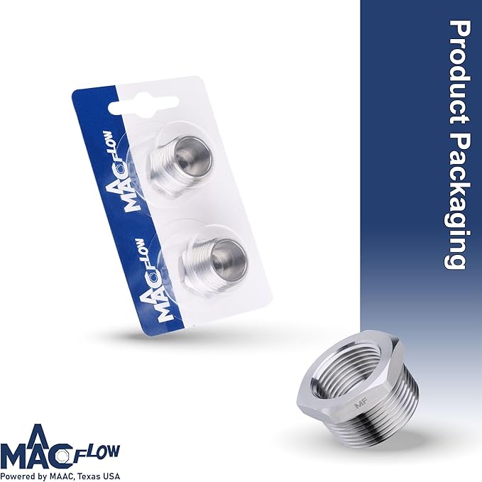 MAACFLOW Stainless Steel 1/2" Male NPT to 1/8" Female NPT Adapter Reducer Hex Bushing (Thread OD 0.81" - ID 0.34") (pack of 2)