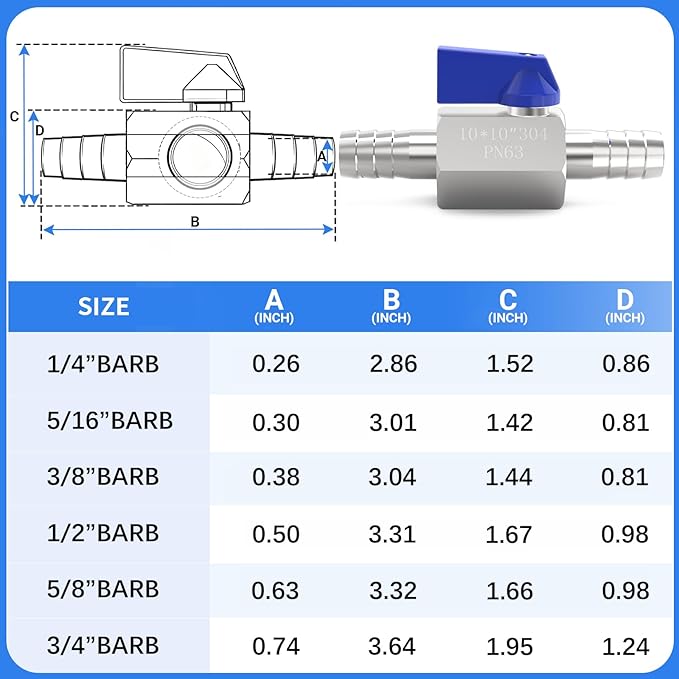 ChillWaves 304 Stainless Steel Mini Ball Valve, Shut Off Switch Ball Valve 3/8" Barb with Hose Clamp for Water、Gas、Fuel、Drip Irrigation and Aquariums(1-PACK)