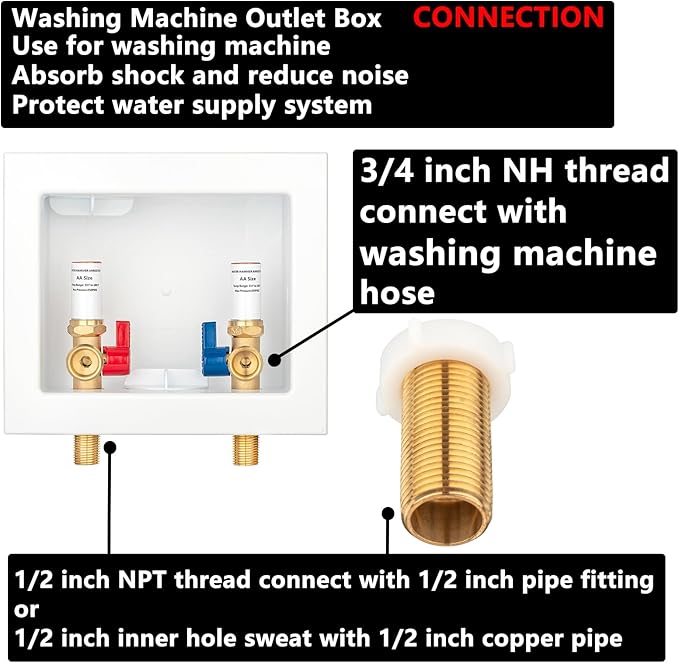 (1 Pack) Lidertik Washing Machine Outlet Box Thread or Sweat with Copper Hammer Arrestors, Inlet 1/2 NPT Thread or Sweat x Outlet 3/4 inch NH Thread LI-XYJH-610(1 PCS)