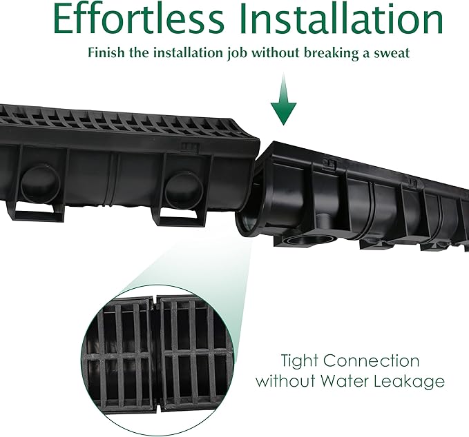 Trench Drain System with Plastic Grate, 6 Packs HDPE Channel Drainage, 39.4" x 5.9" x 5.1" Garden Drain, Total Length 236.4 Inch for Driveway Yard Pool Sidewalk Patio (6, 5.9 x 5.1 Inch)