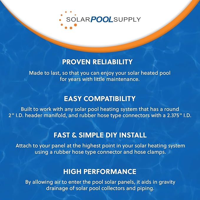 SOLAR POOL SUPPLY Vacuum Relief Valve for Solar Pool Heaters | Simplify Gravity Drainage in Solar Pool Heater Systems and Piping to Maximize Warmth and Minimize Buildup