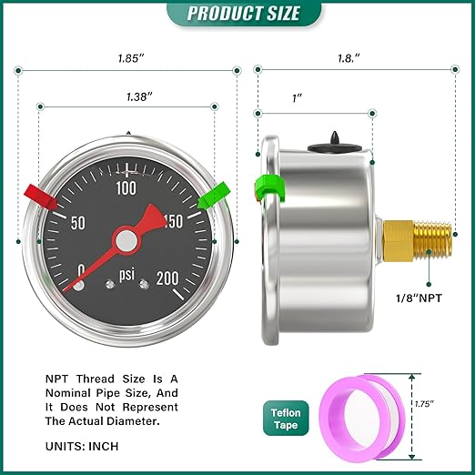 0-200PSI Stainless Steel Glycerin Filled Pressure Gauge 1.5" Black Dial Size, 1/8" NPT Back Mount, for Tube, Water Pump, Gas, Liquid, Pressure Test (with Range Mark Pointer)