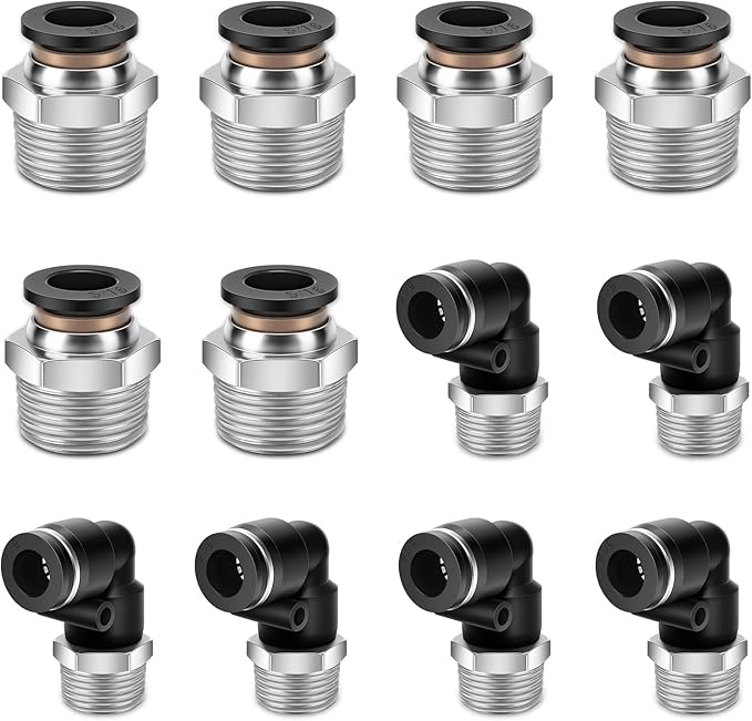 12 Pcs Push to Connect Fittings 5/16 Inch Tube OD x 3/8 Inch NPT Thread Pneumatic Male Straight and Elbow Quick Connect Air line fittings