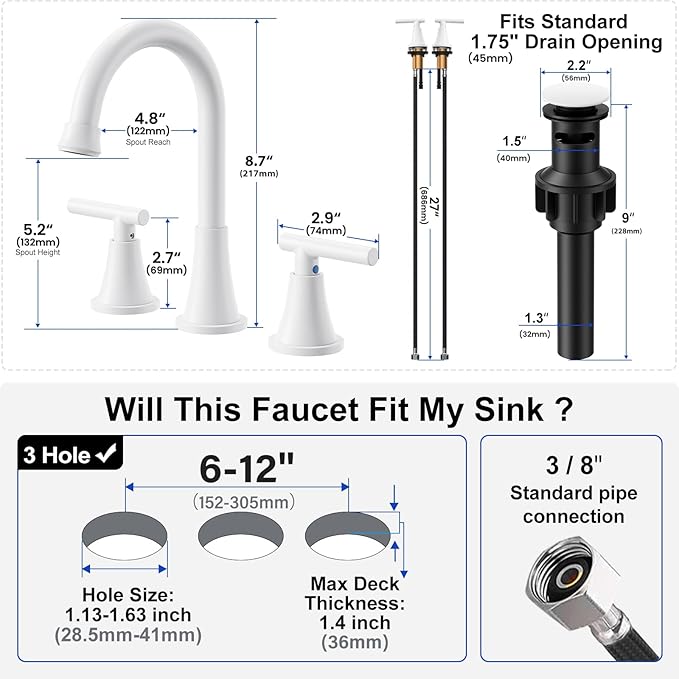 Bathroom Faucets for Sink 3 Hole, Hurran White Bathroom Sink Faucet with Pop-up Drain and Supply Lines, Stainless Steel Lead-Free Widespread Faucet for Vanity RV Farmhouse Sink