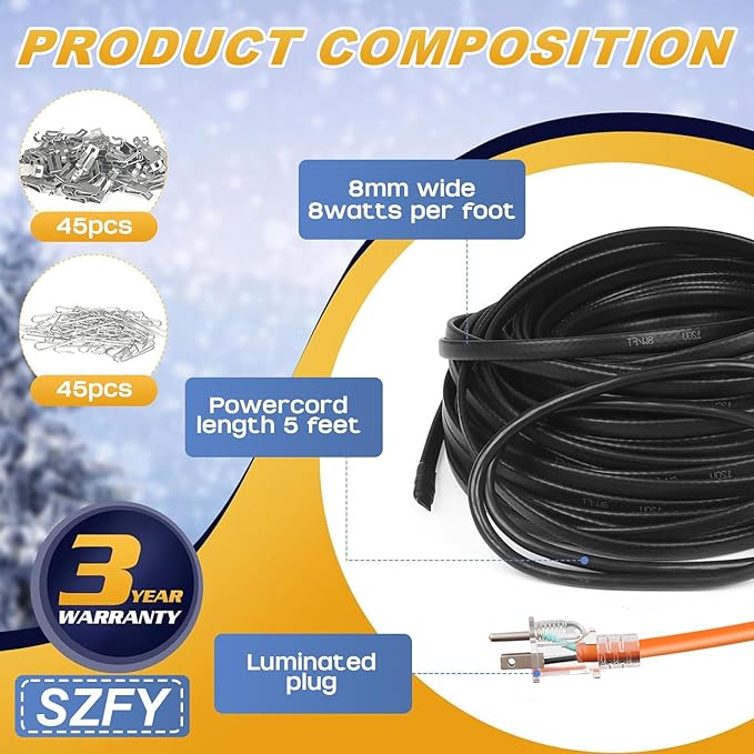 3FT~200FT Heat Tape for Water Pipes, -40°F Deicing Cable,Pipe Heat Cables for Roof,Gutter，Farm，Freeze Protetion Heating Wires, Heated Water Hose,Plumbing Fixtures,120V 5W/FT (160FT)