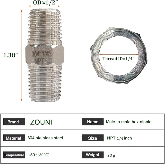 ZOUNI Hex Nipple 1/4” Male x 1/4” Male Pipe Fittings, 304 Stainless Steel 1/4” inch NPT Male Threaded Pipe Adapter Fittings Equal Nipples Connectors, Male Straight Connector Pipe Fitting