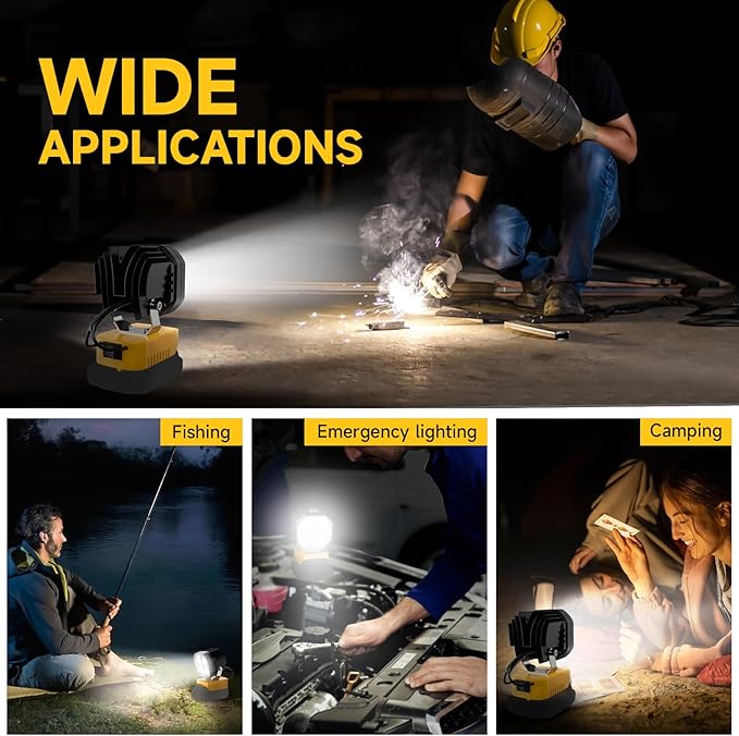 2 Packs LED Work Light Compatible with Dewalt 20V Battery, 40W 6000LM Flashlight, 20V Battery Cordless Work Light 120°Adjustable with Low Voltage Protection for Outdoors Job Site Lighting