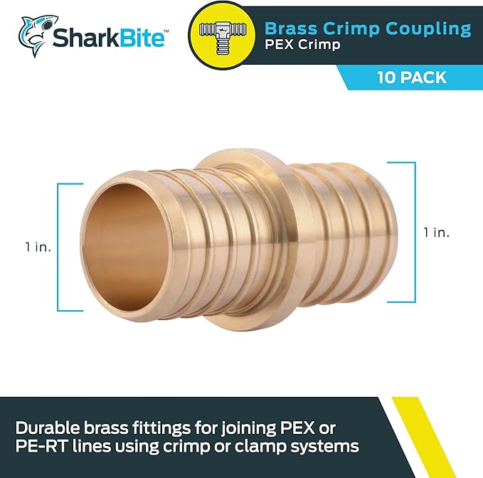 SharkBite 1 Inch Crimp Coupling, Pack of 10, Brass Plumbing Fitting, PEX Pipe, PE-RT, UC020LF