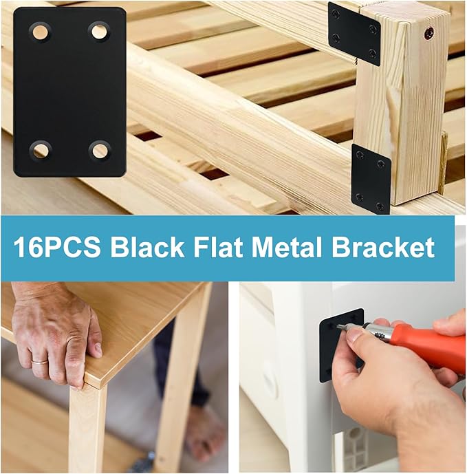 QSJ 16 Pack Black Flat Mending Plate 2.36x1.49'', Stainless Steel Bracket, Straight Metal Brace Bracket, Fixing Joining Plate for Wood Furniture Fastening & Fixing