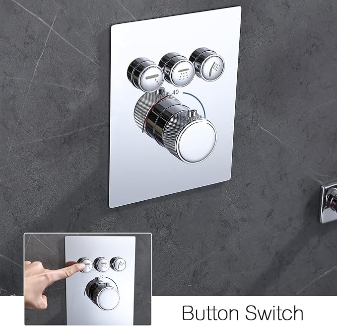 Modern Push-Button 3 Way Thermostatic Shower Diverter Valve Concealed Brass Faucet Rough-In Mixer Valve Kit in Chrome, Can Use Together