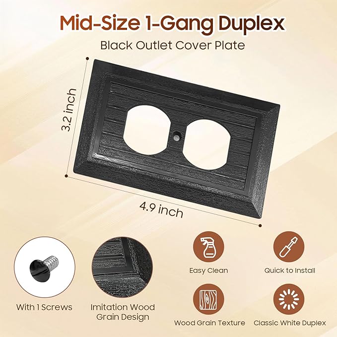 Classic Retro Wood Grain Design Style, 12-Pack Black Outlet Covers Plate, Modern Decorative Electric Receptacle Light Switch Cover Plates (1-Gang Duplex Mid-Size)