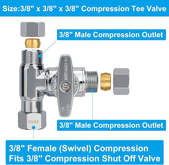 Brass Angle Stop Add-A-Tee Valve,3/8 x 3/8" x 3/8 Compression Water Splitter