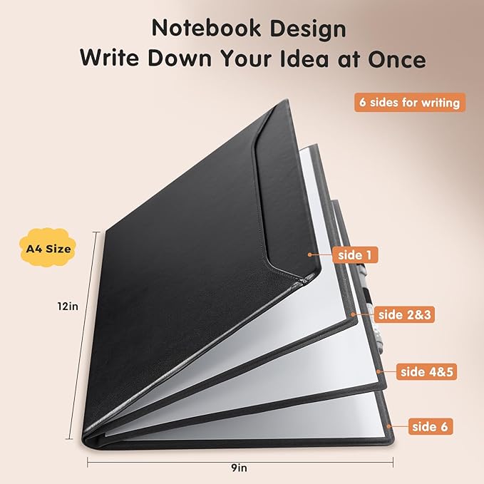 CoBak 6 Sides Portable White Board 12x9 inch (A4) - Notebook Design Dry Erase Small Board with Pocket and 3 Markers, Anti-Ghosting Surface for Office, School, Homeschool with Gift Box (Black)