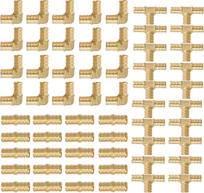 (Pack of 60) 1/2" PEX Fittings,90 Degree Elbow (20 PCS) + Tee (20 PCS) + Straight Coupling (20 PCS),Pex Brass Crimp Fitting Combo for PEX Pipe Tubing Connection,ASTM F1807