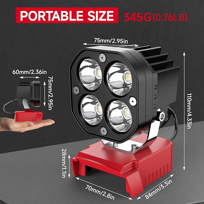 LED Work Light Compatible with Milwaukee 18V Battery, Azocek 40W 6000LM Flashlight, 18V Battery Cordless Work Light 120°Adjustable with Low Voltage Protection for Outdoors and Job Site Lighting