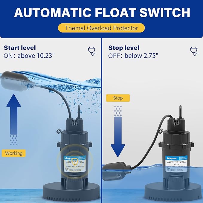 Acquaer 1/3 HP Sump Pump, 3040 GPH Submersible Clean/Dirty Water Pump with Automatic Float Switch and 10ft Power Cord Sub Pump for Basement, Pool, Pond, Drain, Flooded Cellar, Aquarium and Irrigation