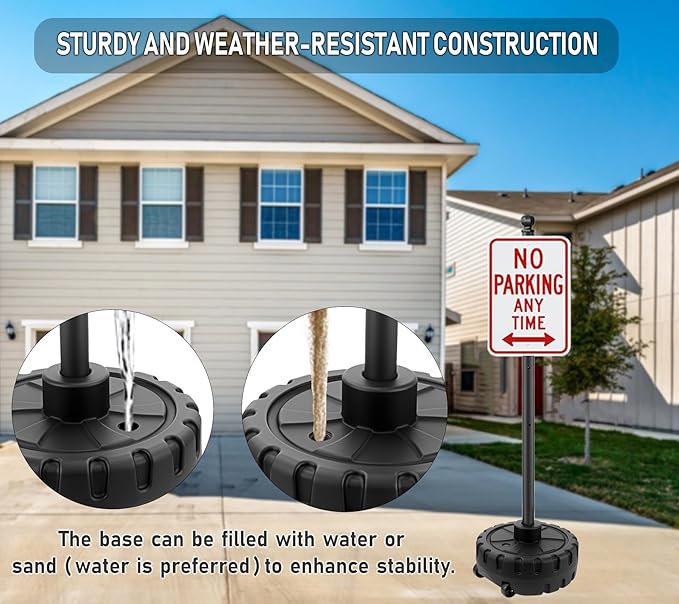 Portable Sign Post and Base Kit, 5 ft Heavy Duty Cast Iron Sign Pole with Hard Plastic Wheeled Base, Movable Signs Stand Easy to Use Portable Sign Holder for Traffic, Parking, and Safety Signs