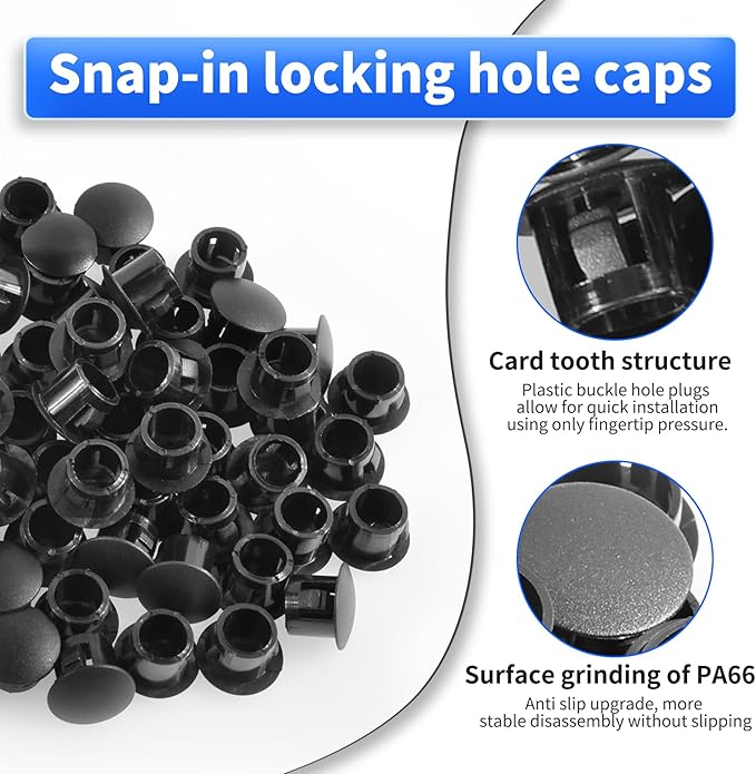50 Pcs OD 0.307"(7.8mm) Black Hole Knockout Locking Plugs,Plastic Nylon Round Drilling Hole Plugs,Flush Type Panel Round Snap in Fastener,Tube Fastener Cover for Furniture Insert End Caps