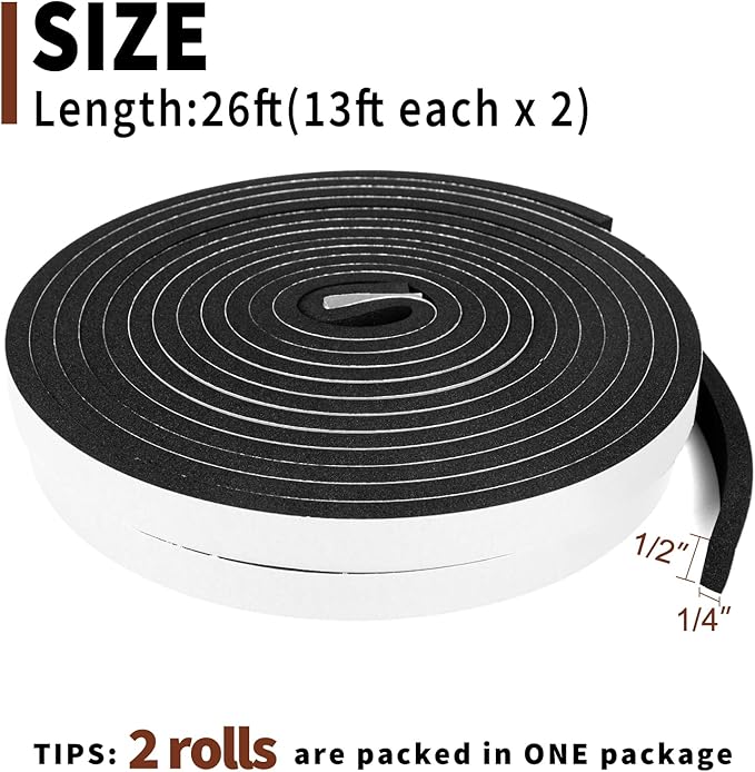 Yotache Foam Strips with Adhesive 1/2" x1/4", Neoprene Weather Stripping High Density Foam Tape for Doors and Windows Insulation, 2 Rolls x 13 Feet Long Each, Total 26 Feet Long