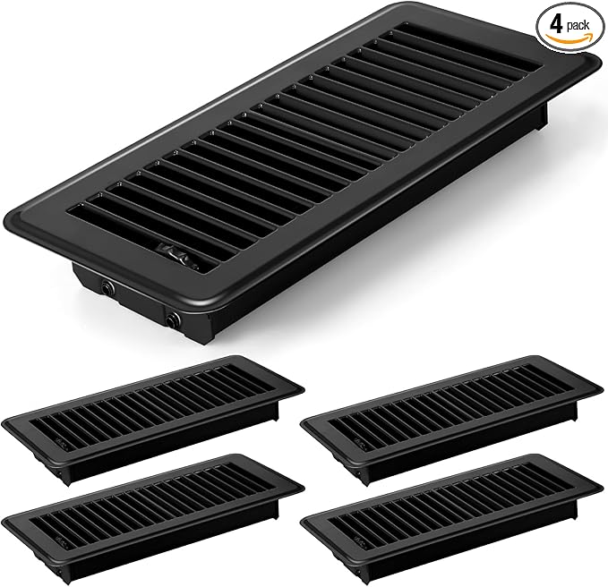 Retisee 4x12 Inches Floor Vent Covers Heavy Duty Floor Register Easy Installation Metal Heat Vent Covers with Rust Proof Finish for Home(Black,4 Pcs)