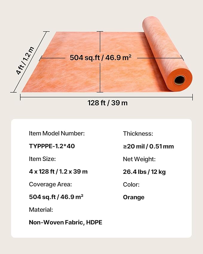 VEVOR Waterproof Membrane for Shower, 4 x 128 ft 504 sq.ft Waterproofing Tile Membrane, 20 mil Thickness Polyethylene Fabric Roll, Easy to Cut for Bathroom, Kitchen, Sauna, Walls, Underlayment