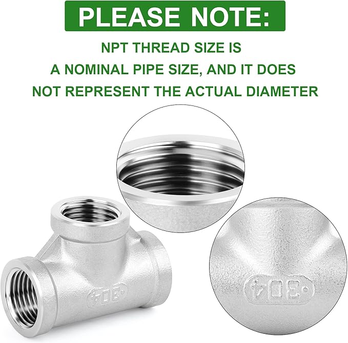 TAISHER 2PCS Stainless Steel Tee Pipe Fittings, 3/8" x 3/8" x 3/8" NPT Female Pipe Fittings