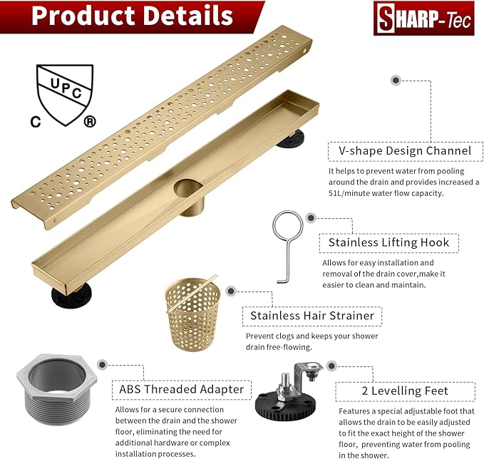Sharp-tec 48 inch Linear Shower Drain, Golden Linear Drain with cUPC Certification, 304 Stainless Steel Shower Drain Easy to Install and Clean for Bathroom Shower Room, ST-099-48G