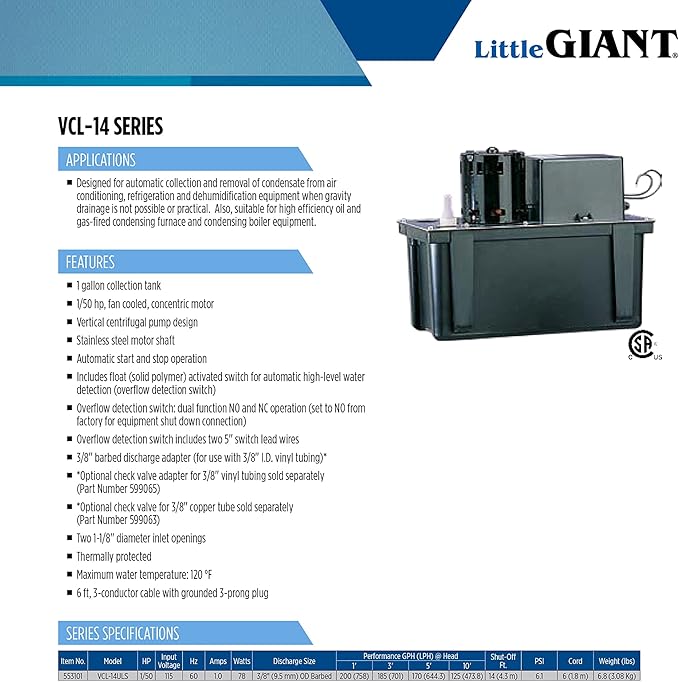 Little Giant VCL-14ULS 115 Volt, 1/50 HP, 200 GPH, Automatic Condensate Removal Pump with 1-Gallon Tank and Safety Switch, 6-Ft. Cord, Black, 553101