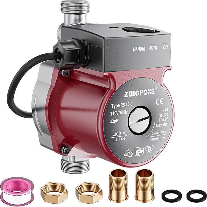 Hot Water Recirculating Pump, Water Circulator Pump, 120W 110V Automatic Circulating Pump Stainless Steel Head NPT 3/4" w/NPT 1/2" Adapter,15-9S Dual Control for Electric Water Heater System