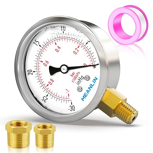 MEANLIN MEASURE -30inHG~0Psi Stainless Steel 1/8" NPT 2.5" FACE DIAL Vacuum Pressure Gauge, Lower Mount, with 1/4" NPT and 3/8" NPT Hex Bushing