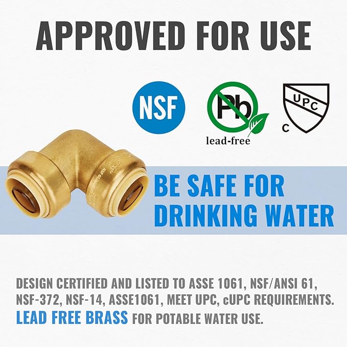 SUNGATOR 1-Inch Push Fit PEX Elbow, 90-Degree Plumbing Fitting Pipe Connector with Disconnect Clip, Push-to-Connect, Copper, PEX, CPVC, No Lead Brass Fittings (2-Pack)