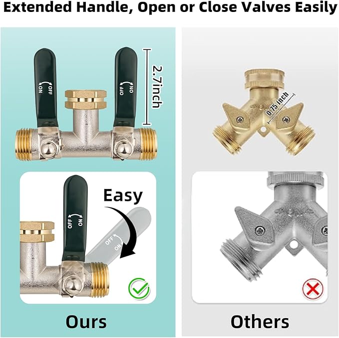 Hose Splitter 2 Way, Brass High Flow Garden Hose Splitter Heavy Duty, Hose Connector, Water Spigot Splitter, Full Flow Faucet Splitters with shutoff, 3/4” GHT Inlet