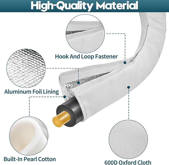3-Layer HVAC Copper Pipe Insulation Cover, 72'' x 10.2'' AC Pipe Insulation Cover Outdoor, 600D Oxford Flexible Copper Line Insulation Sleeve Wrap for Outside Pipe Air Conditioning Mini Splits, Gray